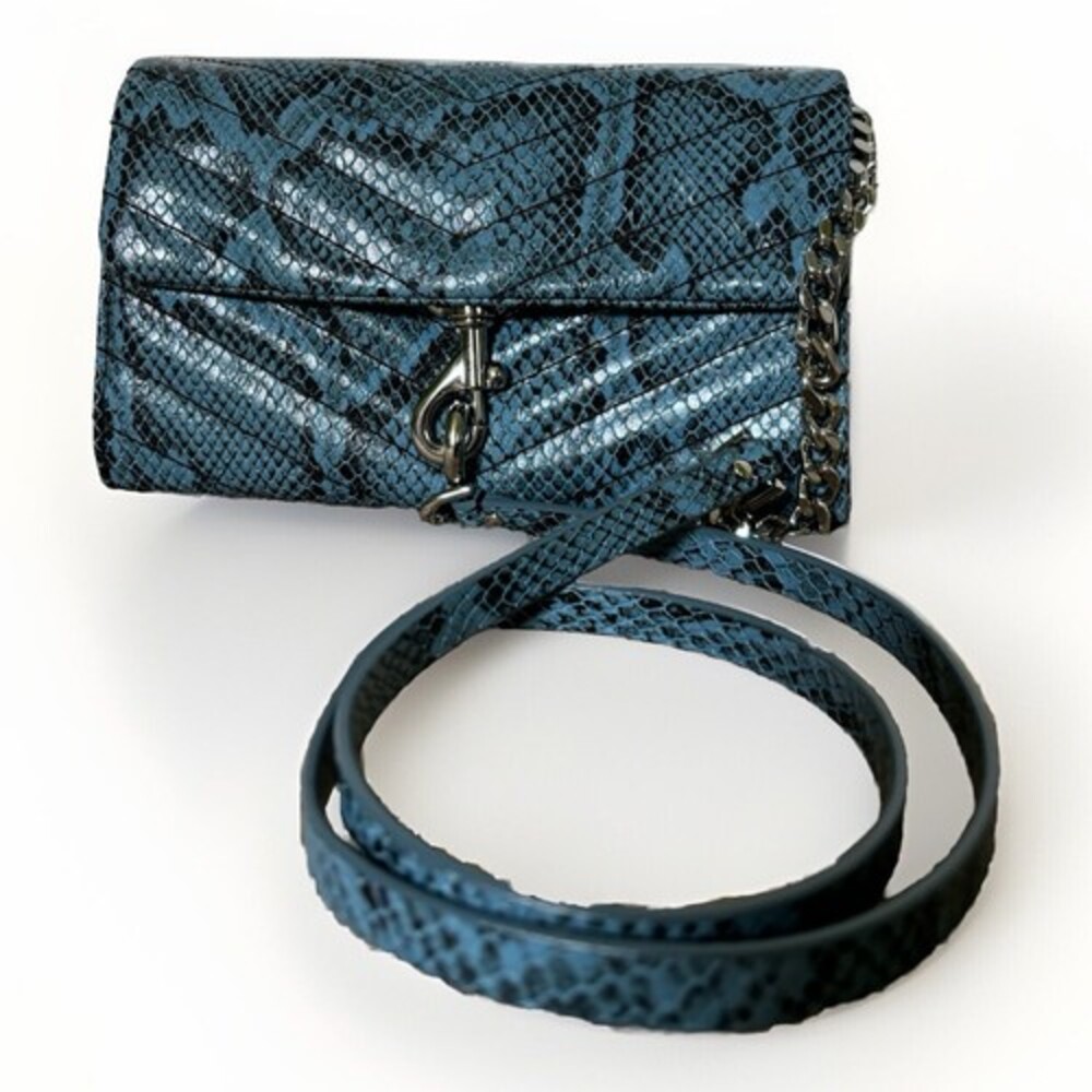 NWT 💧 Rebecca Minkoff Edie Embossed Quilted Leather Wallet on Chain Cement Blue